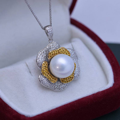 11-12mm Freshwater Pearl & Large Rose CZ Pendant Necklace - House Of Pearls